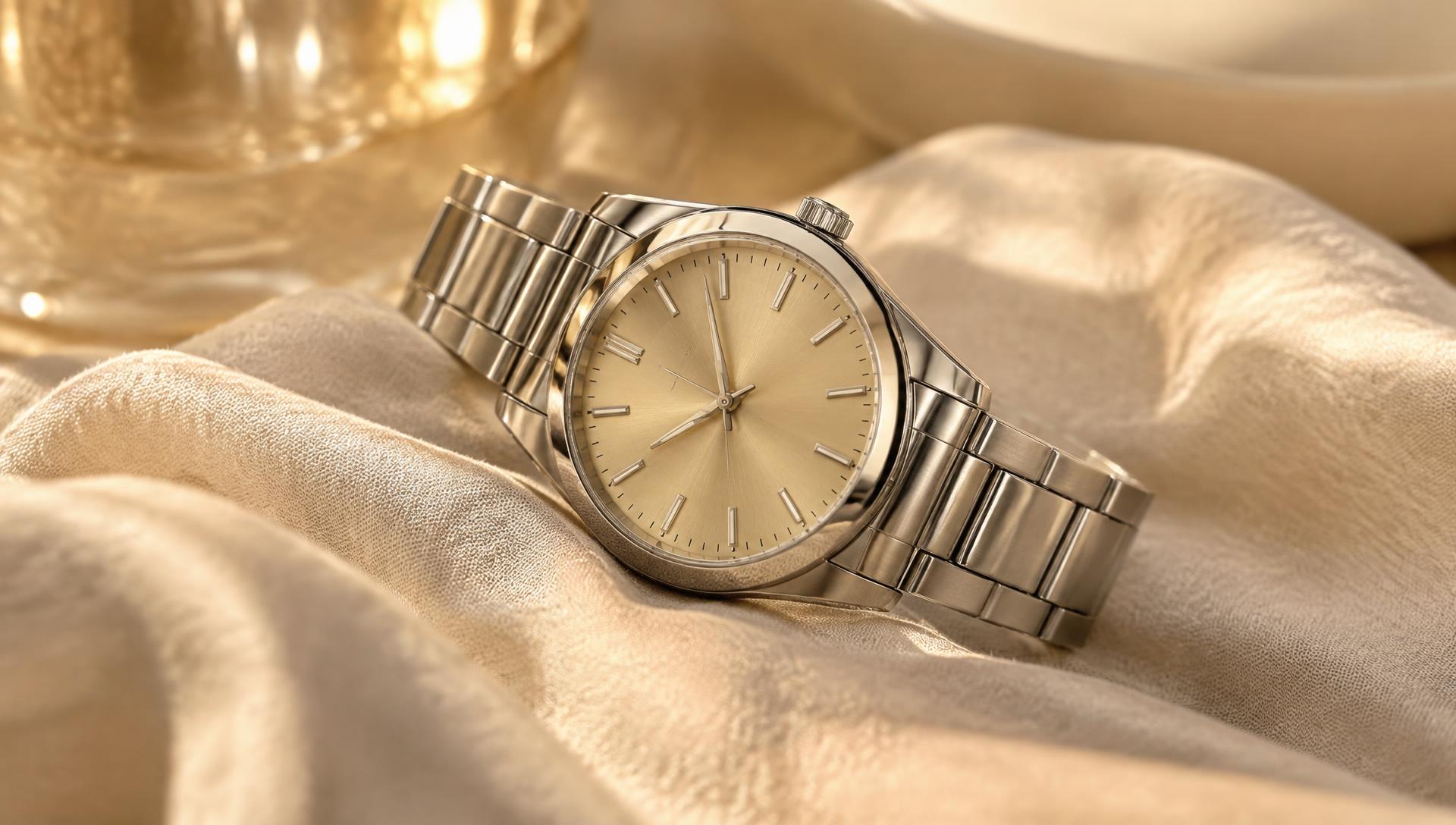 Steel wristwatch with champagne dial on ivory linen