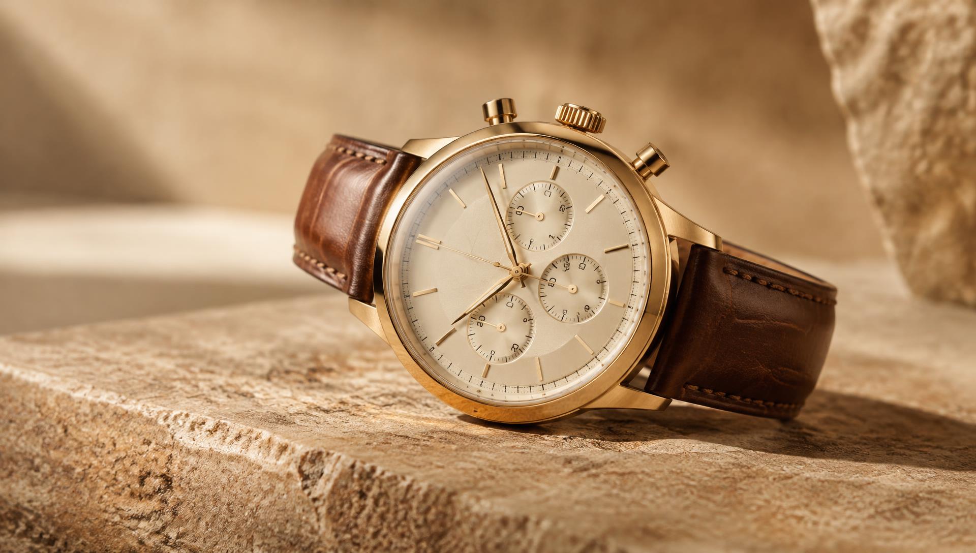 Gold chronograph with brown leather strap