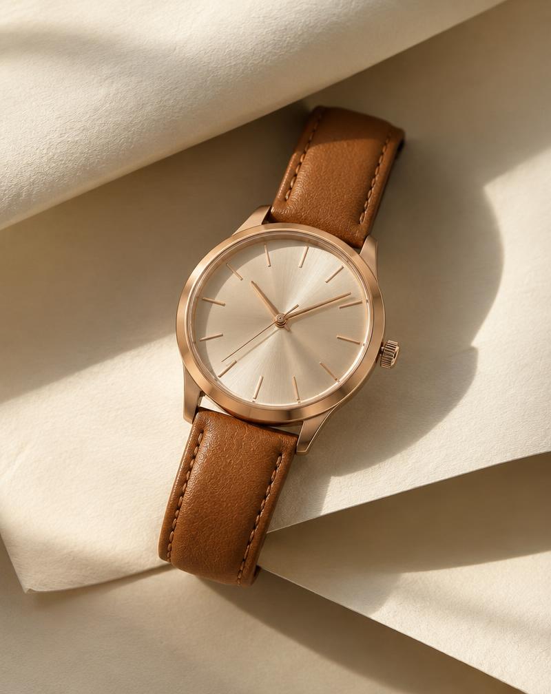 Rose gold watch with tan leather strap